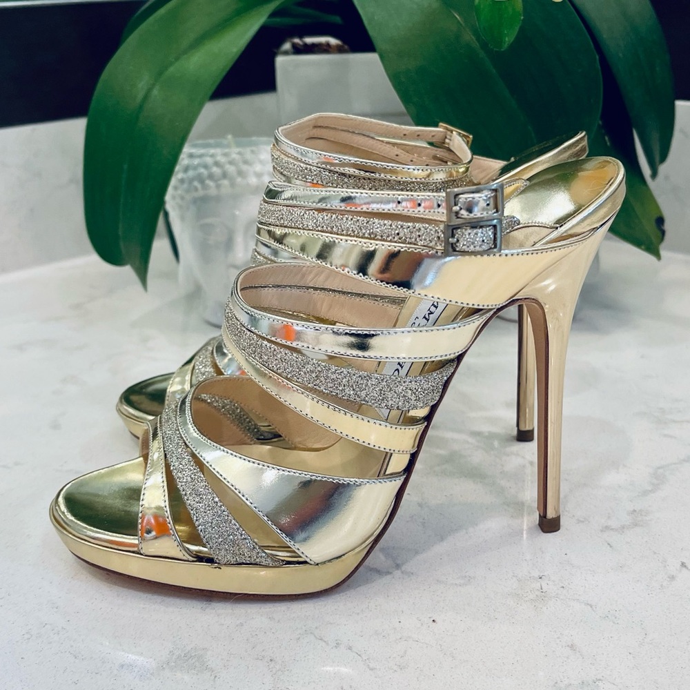 JIMMY CHOO METALLIC GOLD COARSE GLITTER CAGE OPEN TOE SANDALS